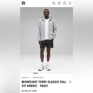 Reigning Champ Midweight Terry  Classic Full Zip Hoodie Men’s Medium Gray